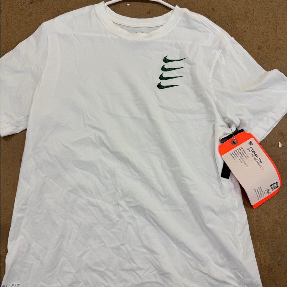 Nike Men's White T-Shirt with Green Logo